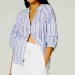 APIECE APART White w/ Navy Blue Striped Button-Up Top in 100% Cotton. Medium